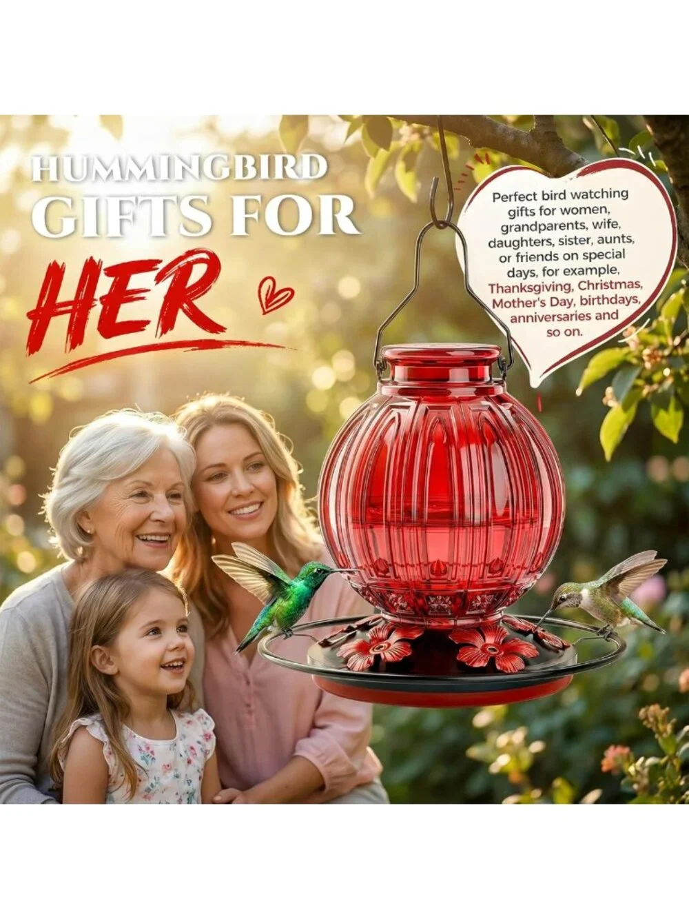 Elegant Glass Hummingbird Feeder - 26oz, Leak-Proof, 5 Flower Ports for Garden